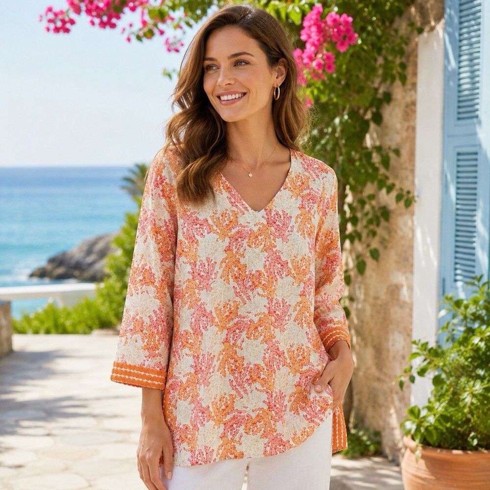 J. Jill Linen Coral Reef Orange Tunic Women SP 3/4 Kimono Sleeve Oversized